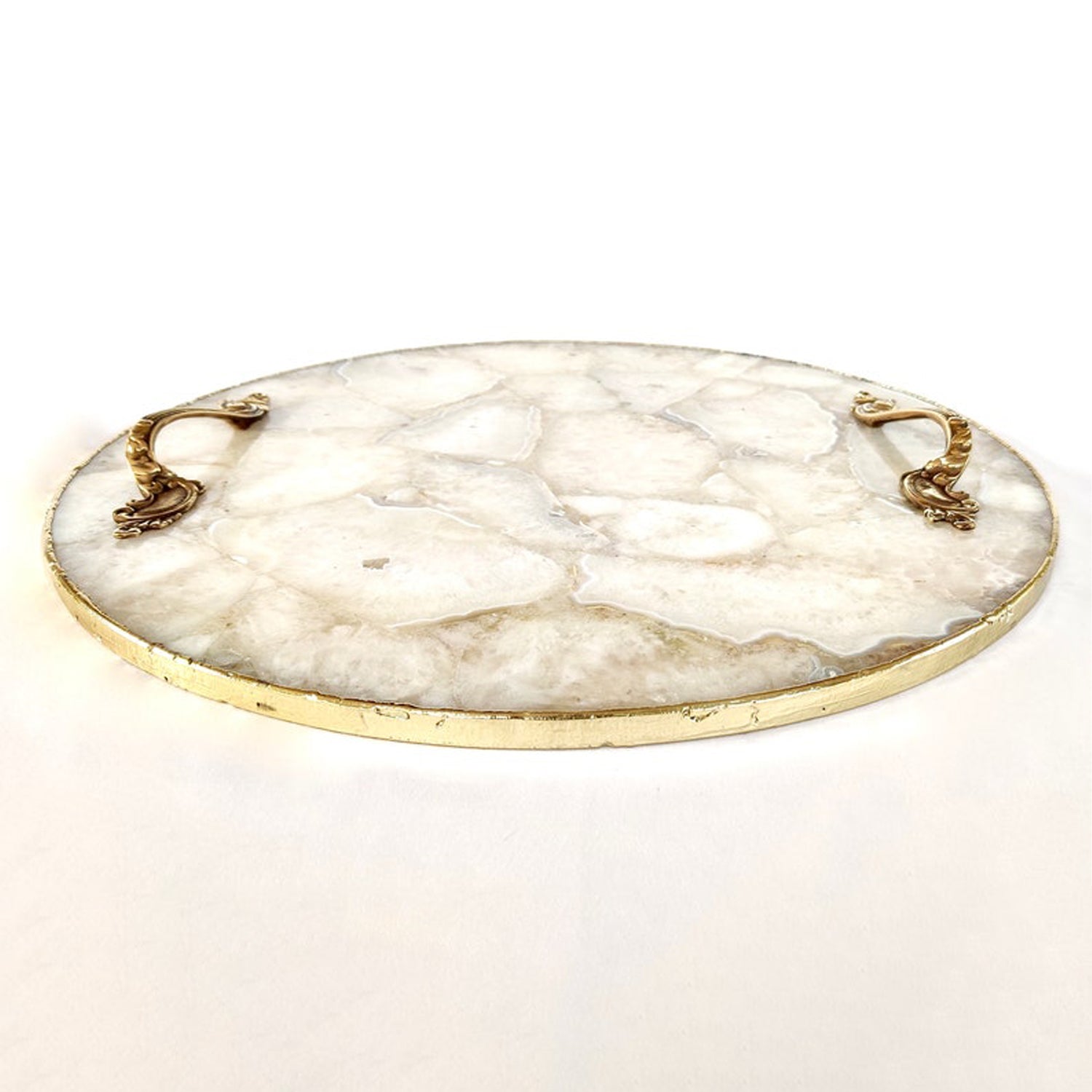 White Agate Serving Tray With Brass Handles | Circular |