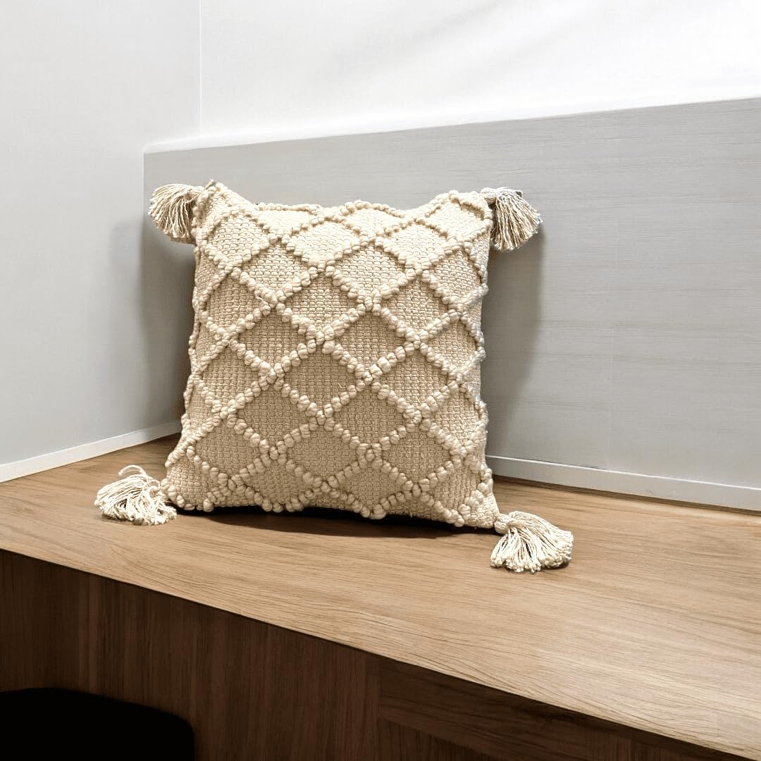 Off-White Tufted Boho Cushion Cover | 45x45cm Cotton Slub | Tassels | Machine Washable