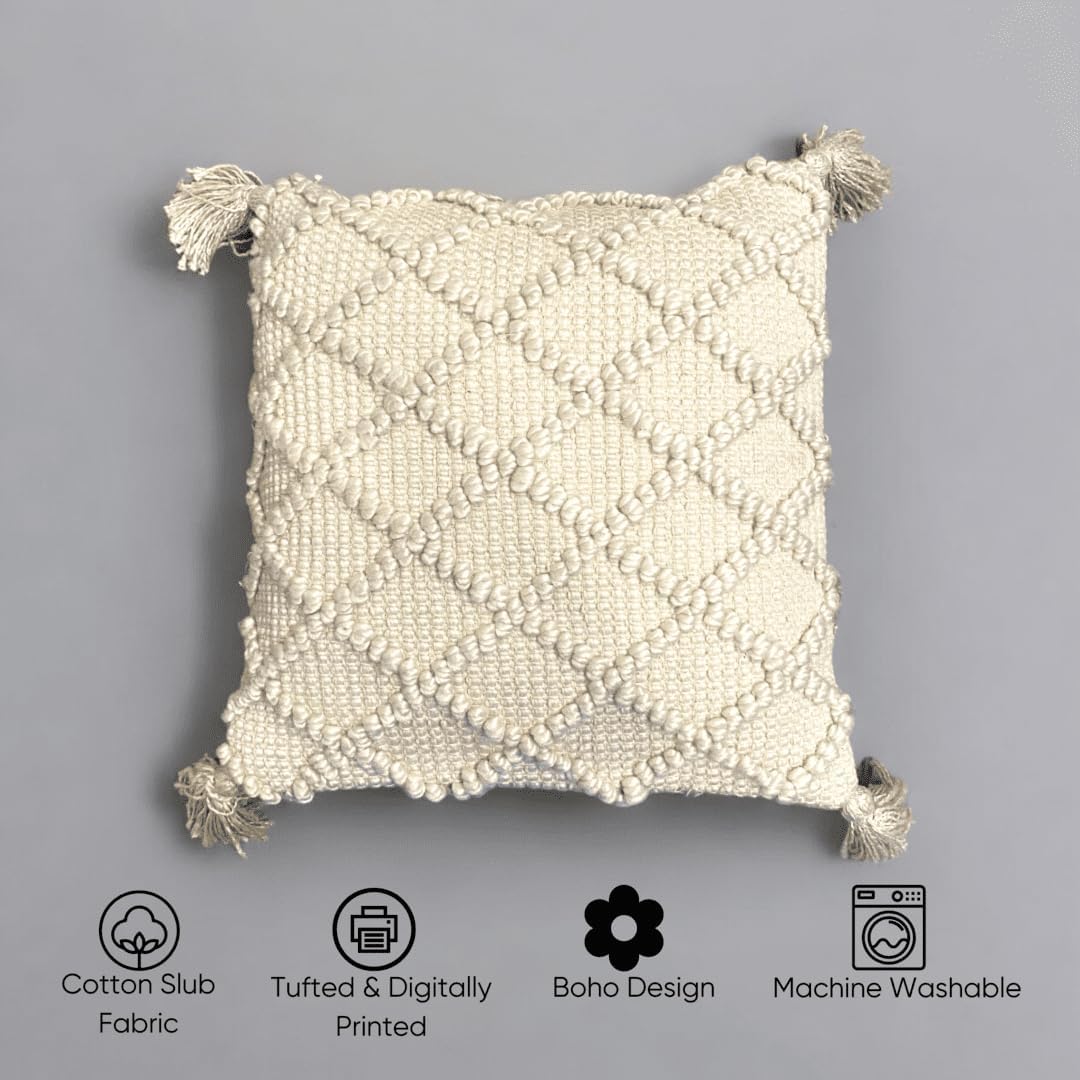 Off-White Tufted Boho Cushion Cover | 45x45cm Cotton Slub | Tassels | Machine Washable