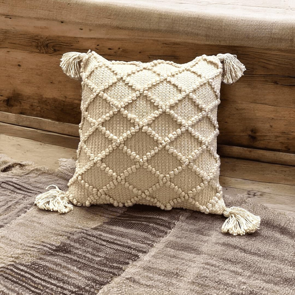 Off-White Tufted Boho Cushion Cover | 45x45cm Cotton Slub | Tassels | Machine Washable