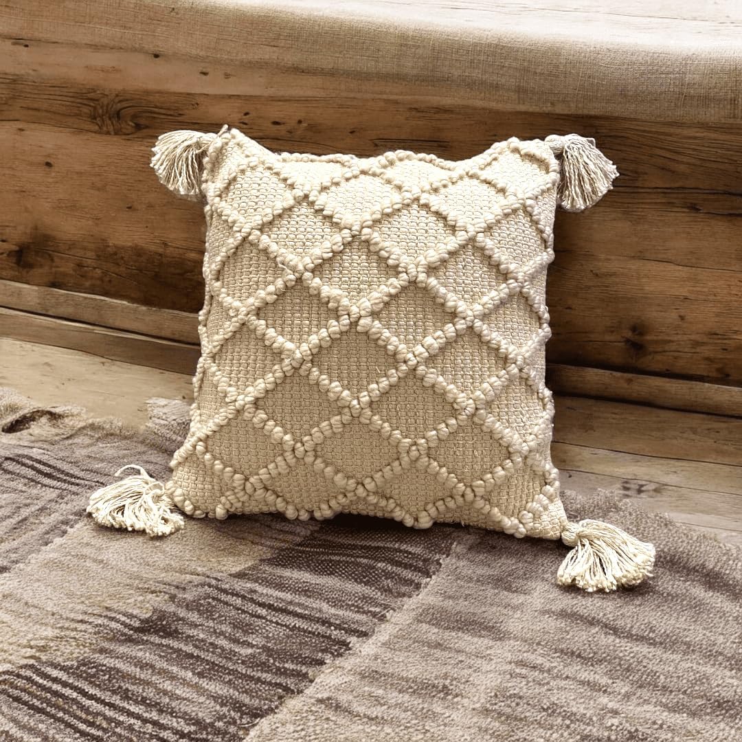 Off-White Tufted Boho Cushion Cover | 45x45cm Cotton Slub | Tassels | Machine Washable