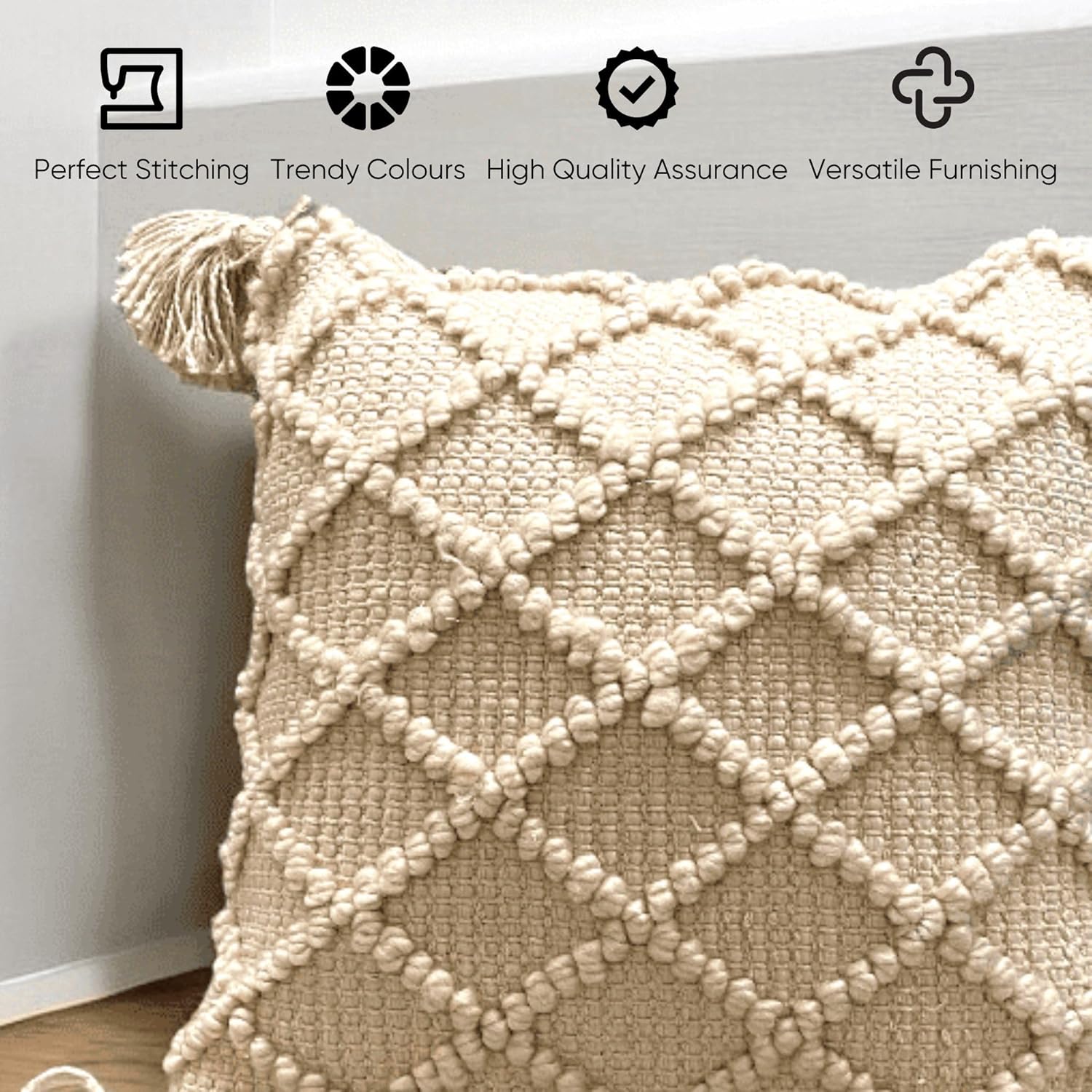 Off-White Tufted Boho Cushion Cover | 45x45cm Cotton Slub | Tassels | Machine Washable