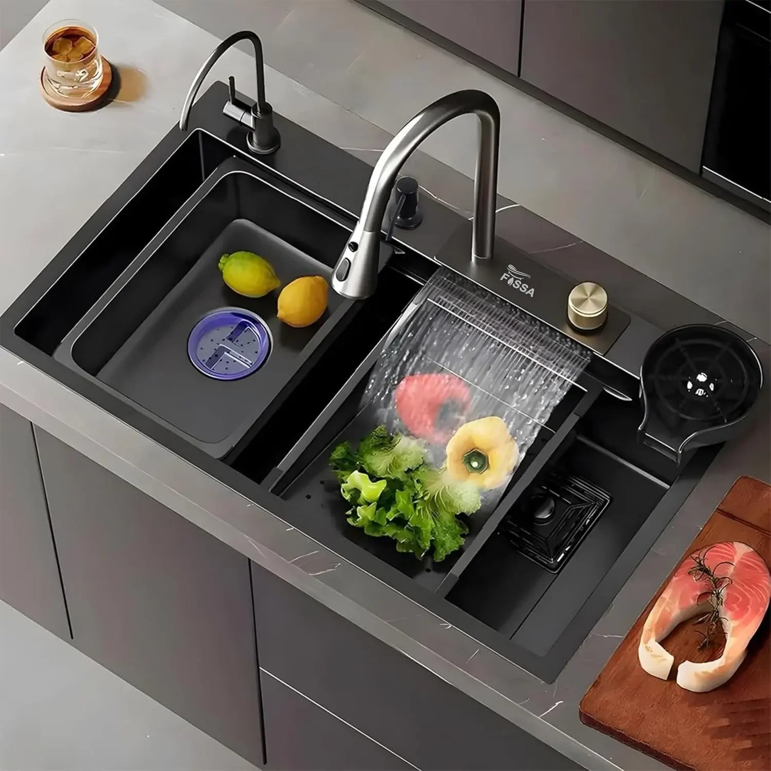 Smart Waterfall (37 x 18 x 10) Inch 304 Stainless Steel Kitchen Sink Black