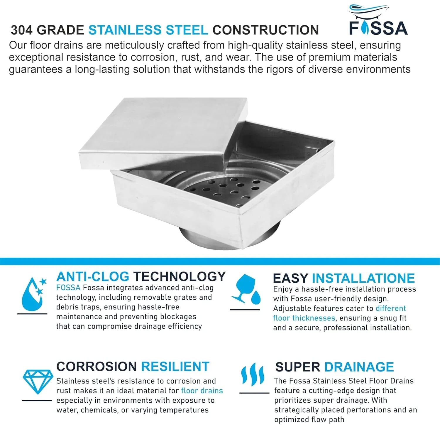 Marble Floor Drain (5 x 5 Inches) 304-Grade Stainlees Steel