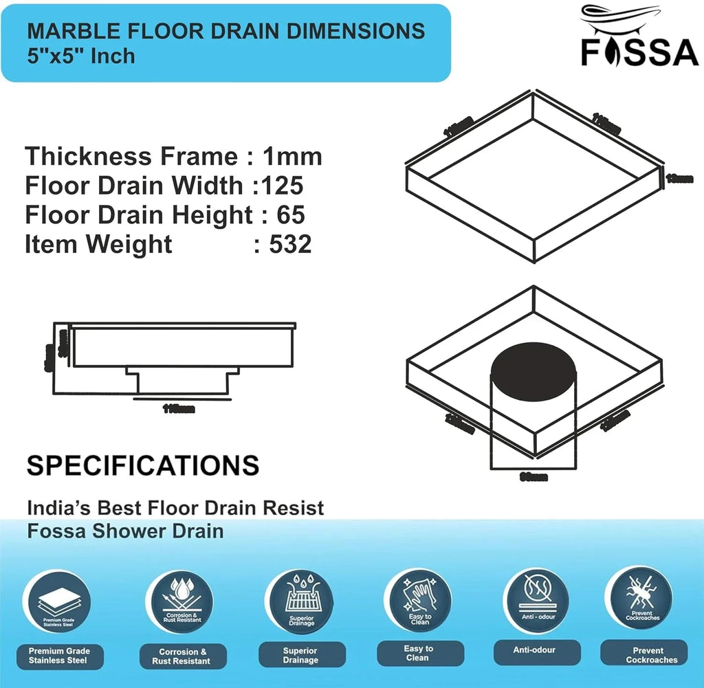 Marble Floor Drain (5 x 5 Inches) 304-Grade Stainlees Steel