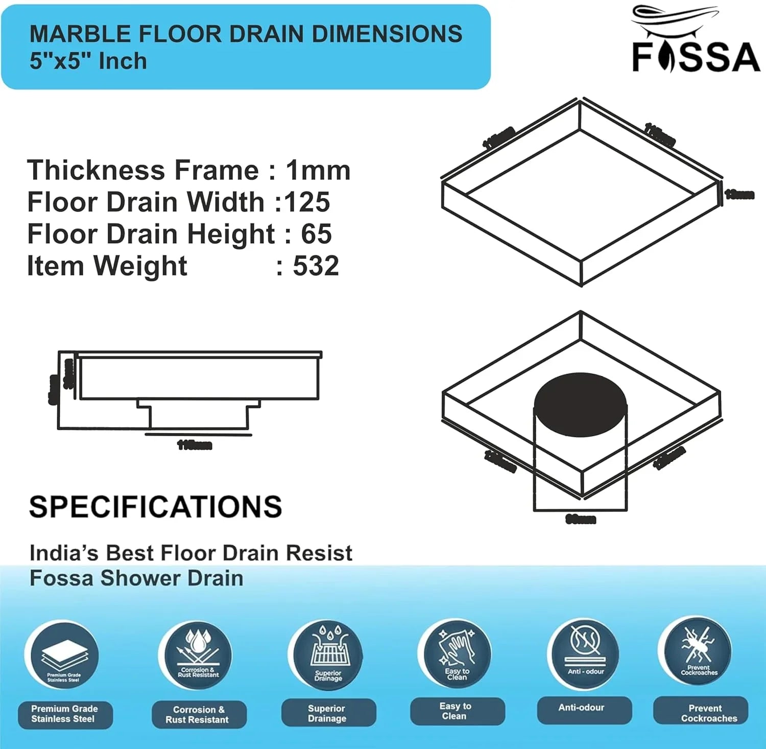 Marble Floor Drain (5 x 5 Inches) 304-Grade Stainlees Steel