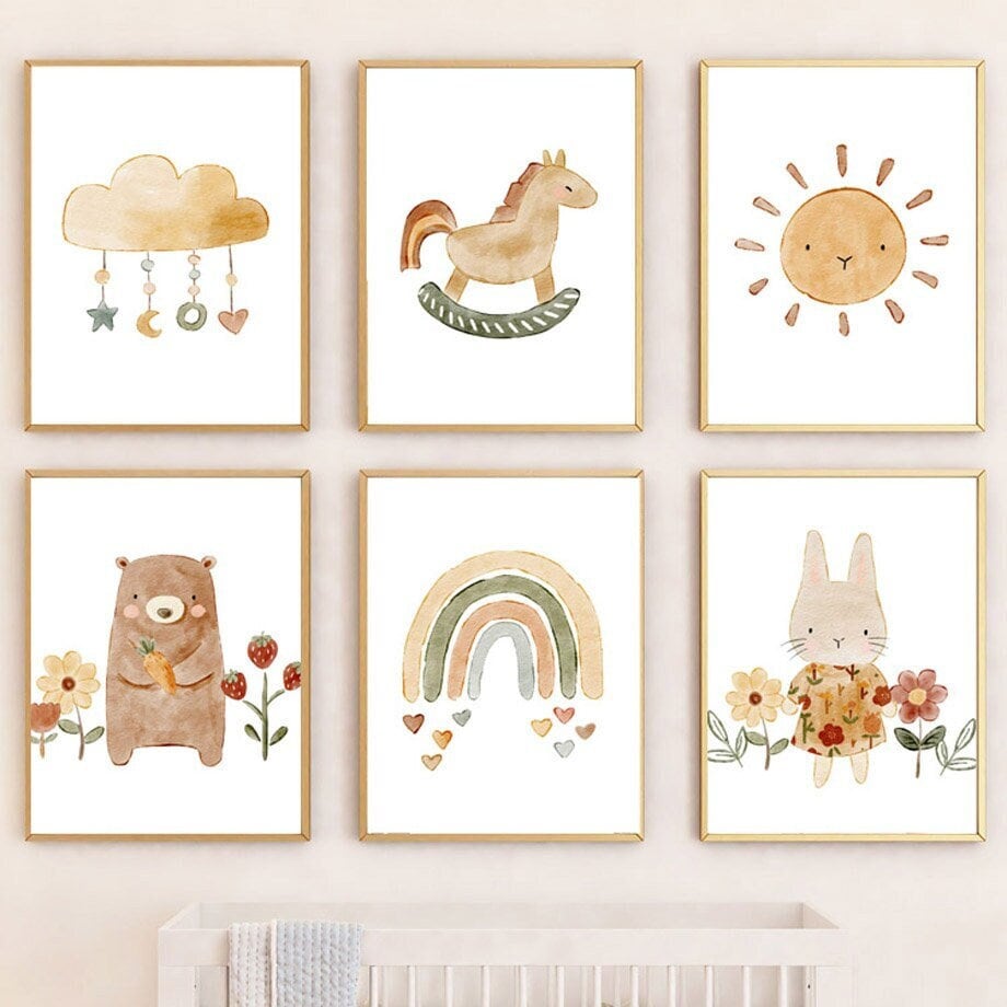Poster Kinderzimmer Tiere Sonne Regenbogen I Kinderzimmer Bilder I Wand Deko I Kunst Druck I Deko Print I ohne Rahmen